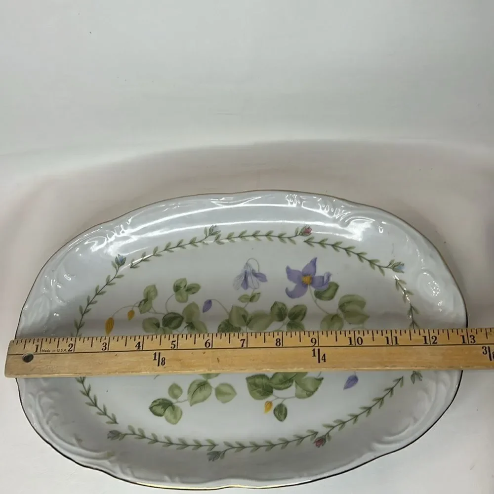 Tienshan Fine China Oval 13 X 9 Inches Serving Storing Platter White Green Purpl